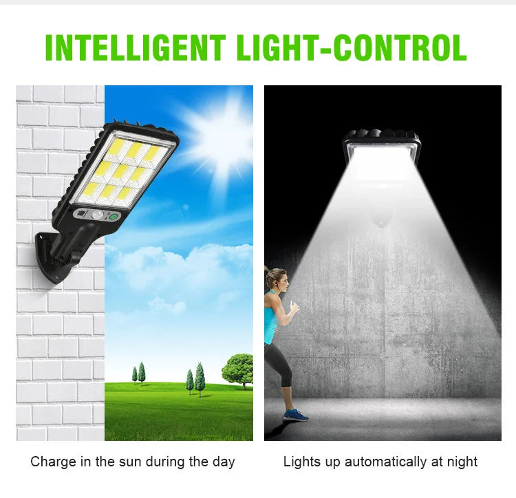 PIR Motion Sensor Street Light, Solar-powered lights charge during the day and automatically illuminate at night.