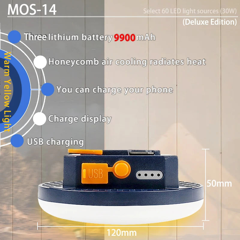9900mAh LED Tent Light, Rechargeable LED lantern with 9900mAh battery, honeycomb cooling, and USB charging for phones.