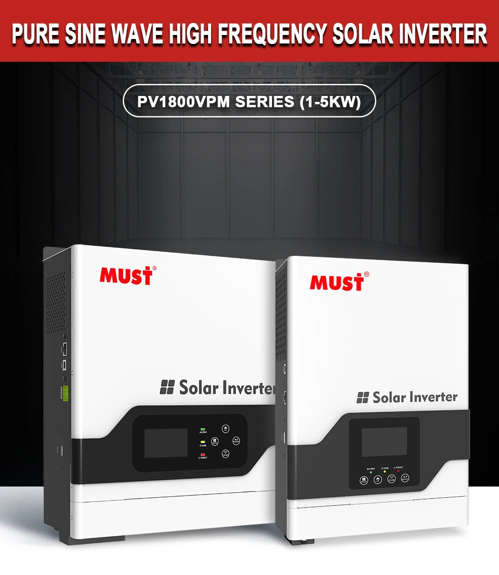 MUST MPPT 1KW Hybrid Off Grid Solar Inverter, MPPT solar inverter with pure sine waves, 1000W output, and WiFi connectivity for off-grid home use.