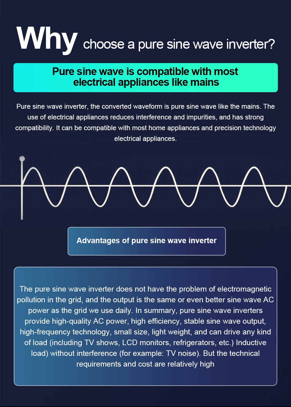 Pure sine wave inverter: ideal for sensitive electronics, producing clean power with minimal interference.