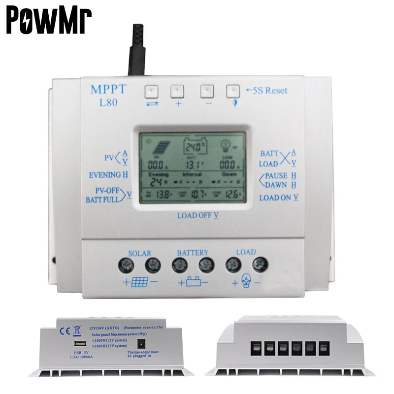 PowMr Solar Charge Controller: adjustable output up to 80A, supports 12V/24V systems and various battery types.