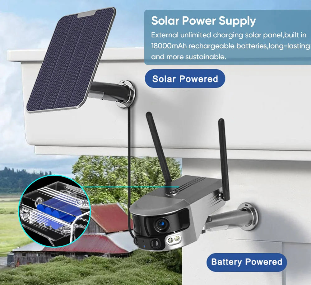 Sustainable solar-powered camera with built-in battery and external charger for long-lasting use.