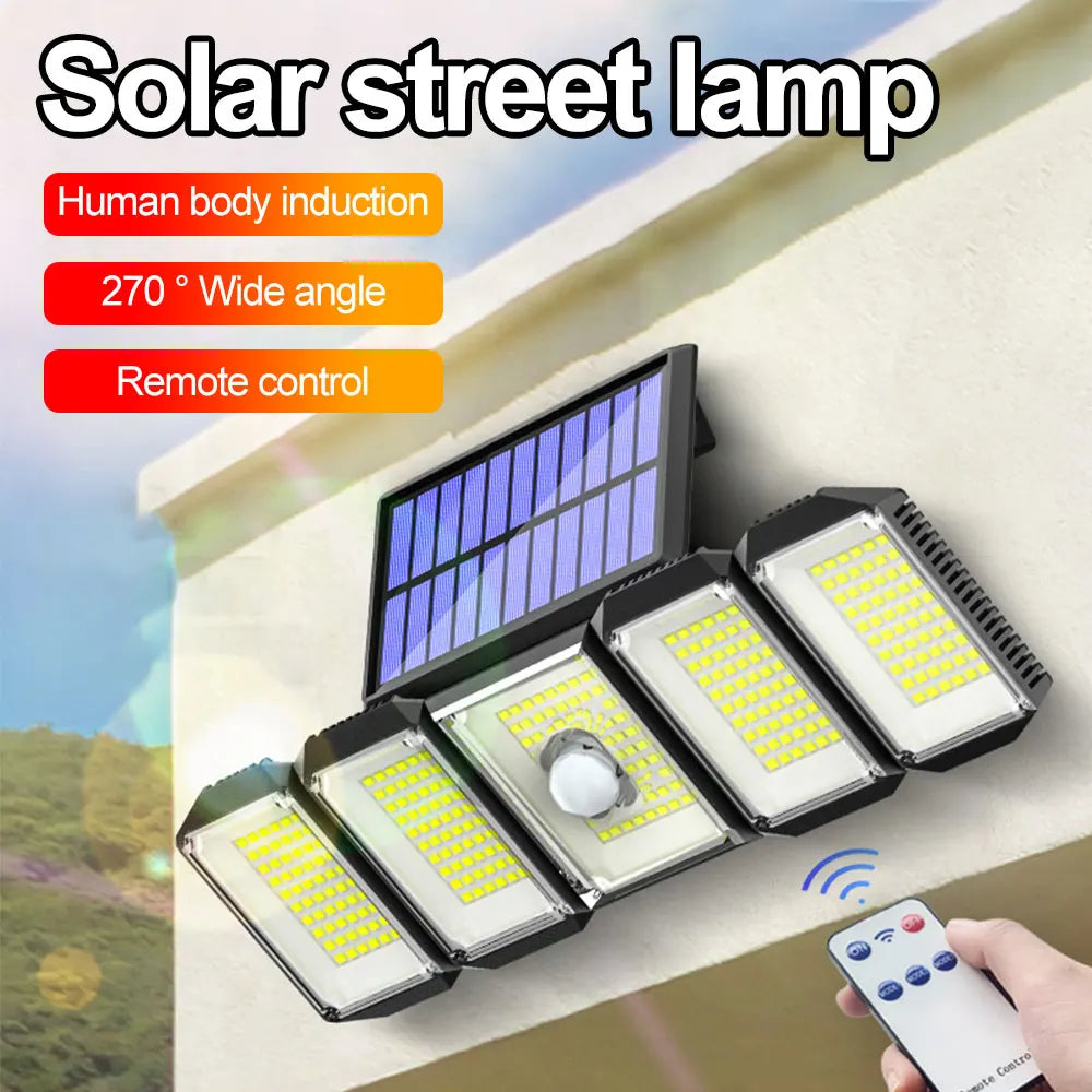 5 Heads 300 LED Solar Light, Solar-powered lamp with human-body induction, wide-angle coverage, and remote control.