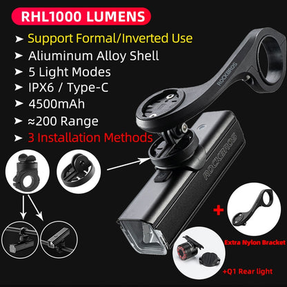 ROCKBROS D3-1000 Bike Front Light - IPX6 Rainproof Type-c Rechargeable Bicycle Light 1000LM Cycling Headlight LED Flashlight MTB Bike Lamp