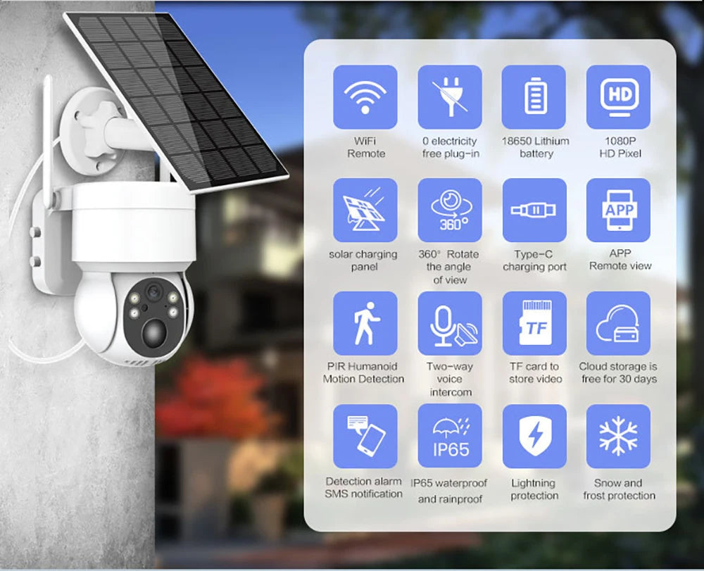 Solar PTZ Camera, Outdoor PTZ camera with solar charging, Wi-Fi, and advanced features like PIR human detection and two-way audio.