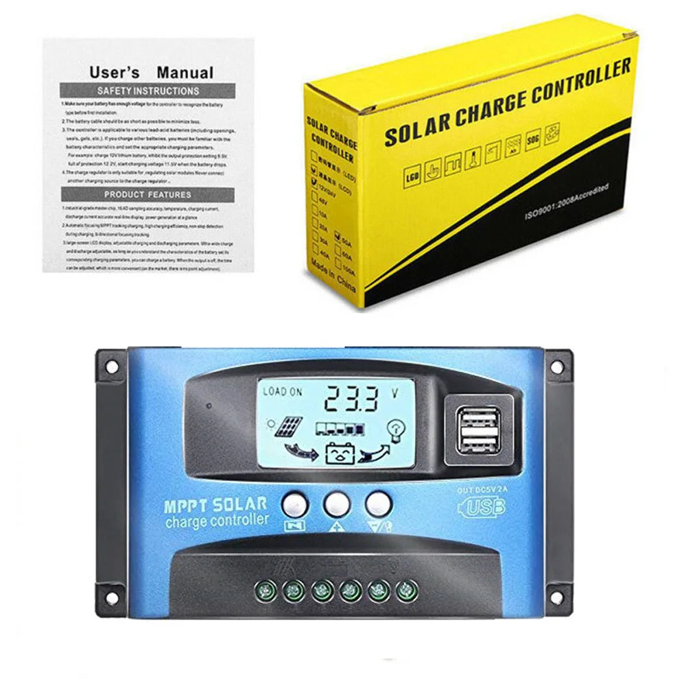 MPPT Solar Controller, Safety instructions for solar panel product with MPPT charger, dual USB ports, LCD display, and load support.