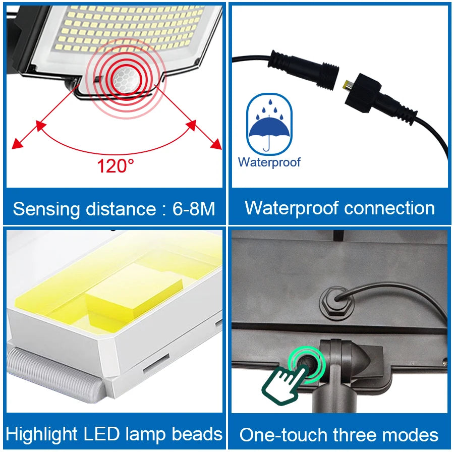 228LED Solar lamp outdoor security light, Waterproof sensor with 6-8 meter range, easy connection, and one-touch operation.