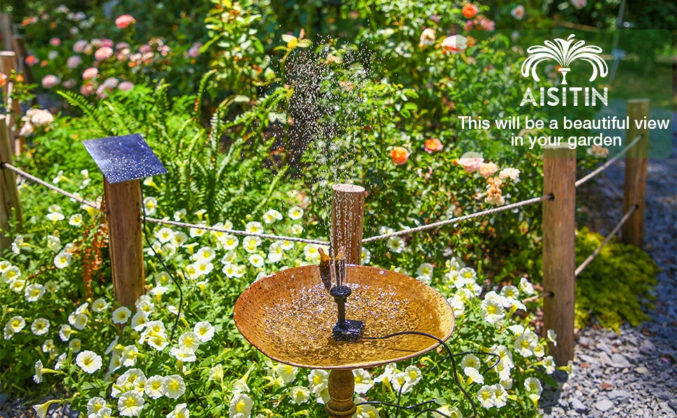 2.5W Solar Fountain, Soothing solar-powered fountain pump adds calm ambiance to outdoor spaces.
