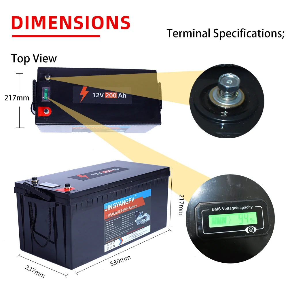 Jingyang 12V 100Ah 200Ah Lithium LiFePO4 Battery, Dimensions: 12V 200Ah battery with built-in BMS, measuring 217x237x530mm.