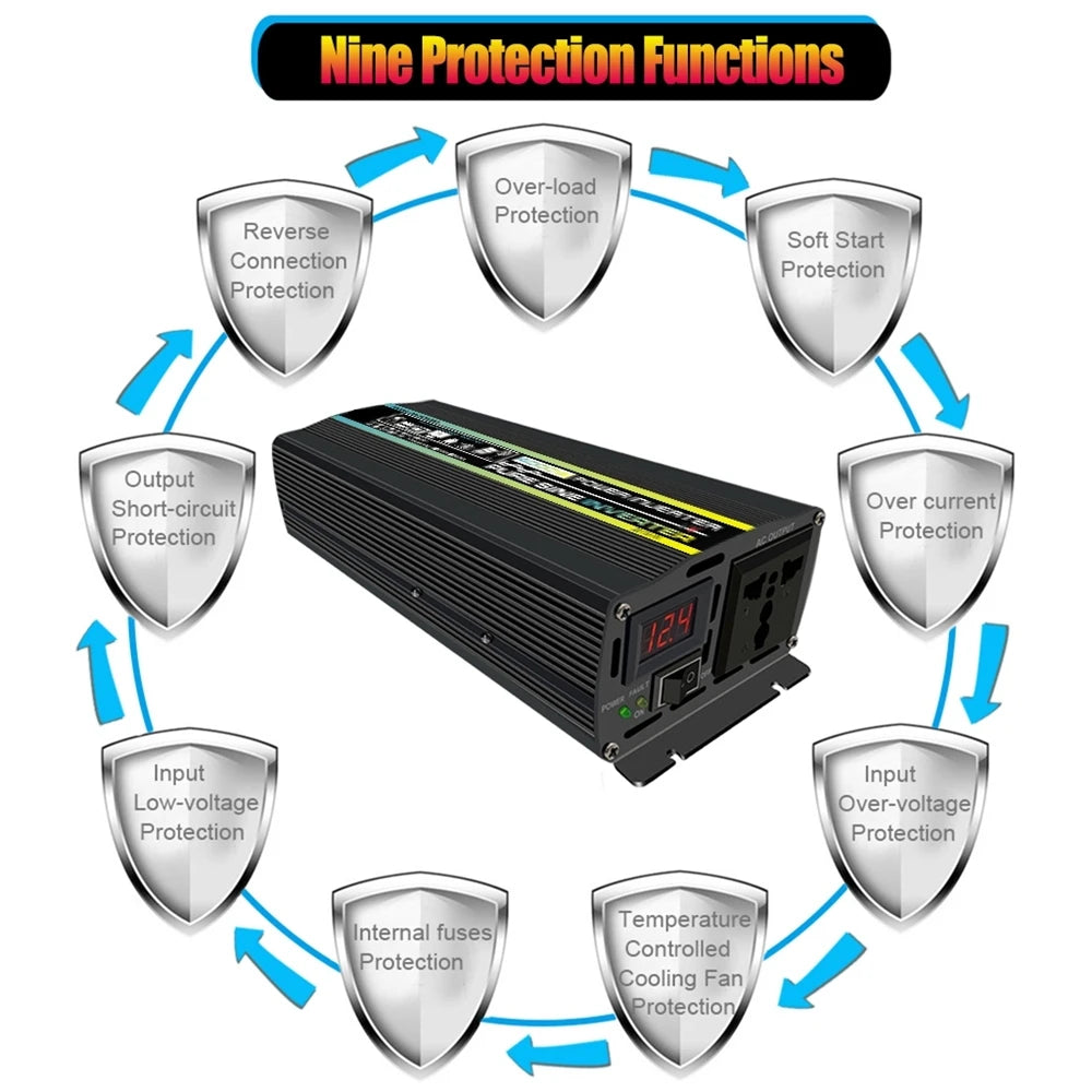 Pure Sine Wave Inverter, Inverter features 9 advanced protection functions for safe and reliable operation.