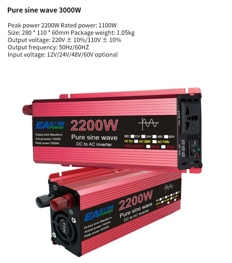 Pure Sine Wave Inverter converts DC to AC power at 220V or 110V with adjustable frequency.