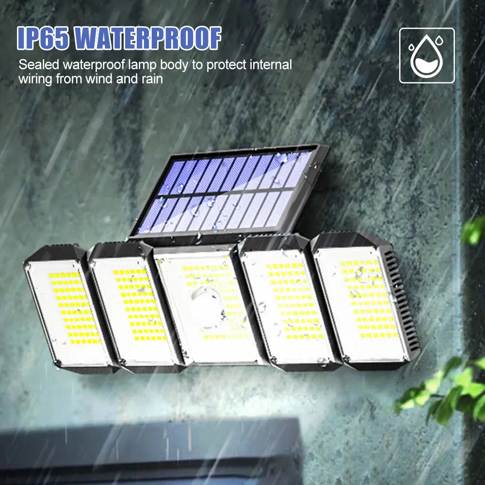 5 Heads 300 LED Solar Light, Waterproof construction protects internal wiring from wind and rain with IP65 sealed design.