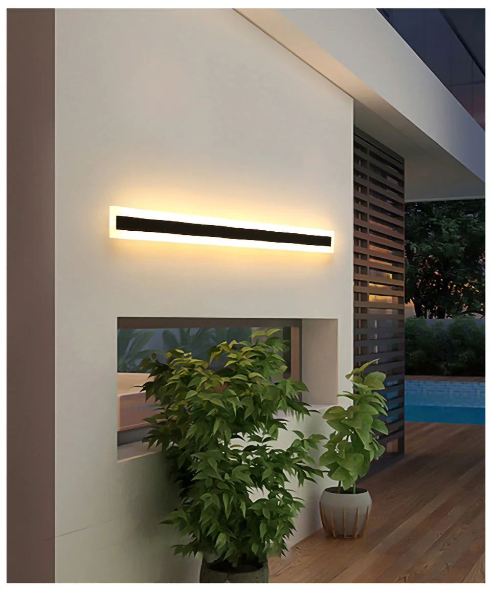 Waterproof LED Long Wall Light, Waterproof LED long wall lamp with modern design, IP65 protection, and adjustable brightness.