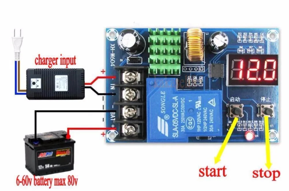 6-60v lead-acid Battery Charging Controller, Set Stop voltage: Normal mode displays, press 'Stop' to set target charge end voltage.