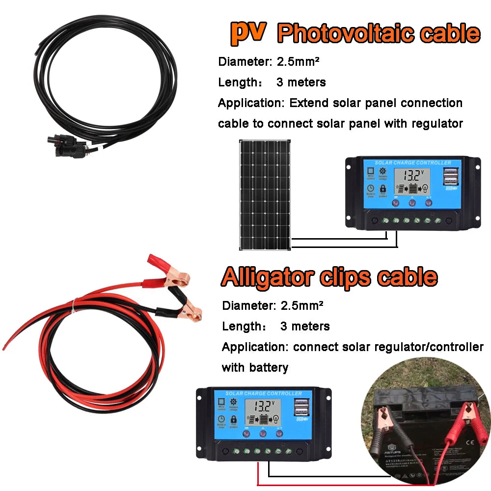 12v solar panel, Photovoltaic cable for extending connections between solar panels, regulators, and batteries in camping, travel, and off-grid power systems.