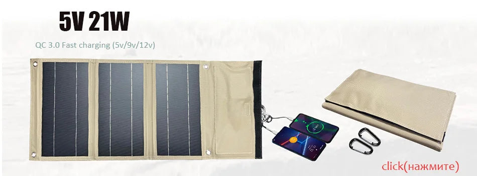 Outdoor Hiking fishing Solar panel, Powerful solar charger with Quick Charge 3.0 and multi-voltage output for fast device charging.