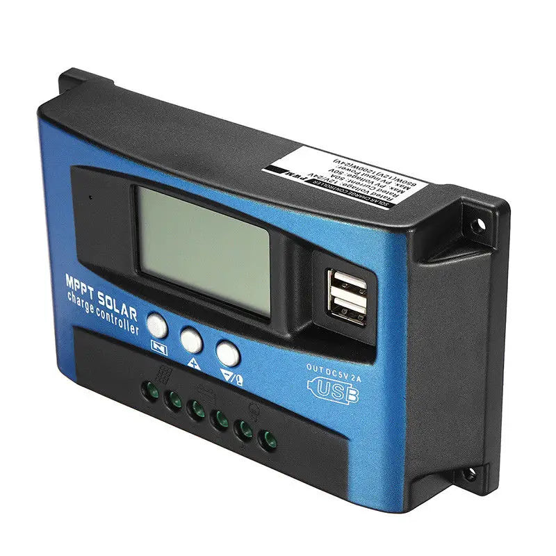 Solar controller with LCD display, suitable for 12V/24V systems, dual USB ports, and auto-regulation.