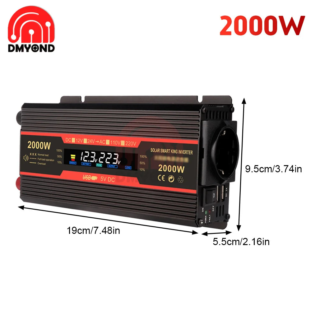 1500W/2000W/2600W Inverter, DC-to-AC inverter with LCD display converts 12V battery power to 220V AC for home appliances.