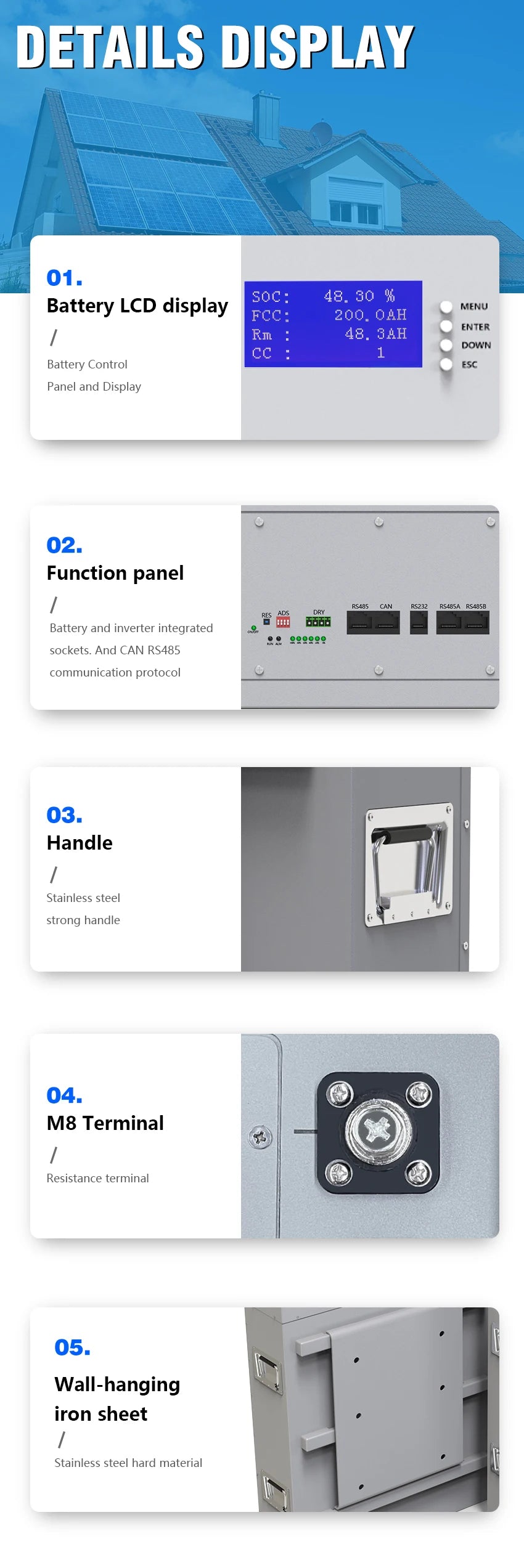 Powerwall 48V 200AH 10KW LiFePO4 Batttery Pack, Powerwall: LCD display shows state-of-charge, 200Ah capacity, 48V output, and installation-friendly features.