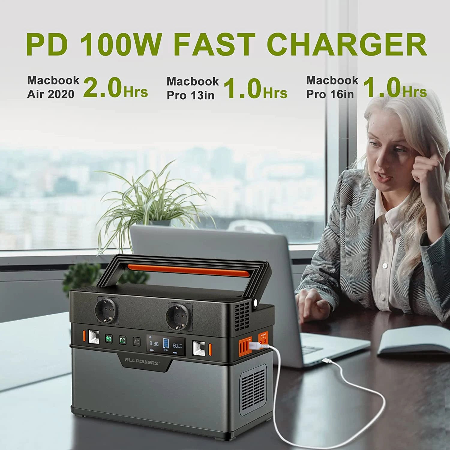 Fast charge for MacBooks (up to 2020 models), Pro 13in and 16in devices: charges in 2 hours.