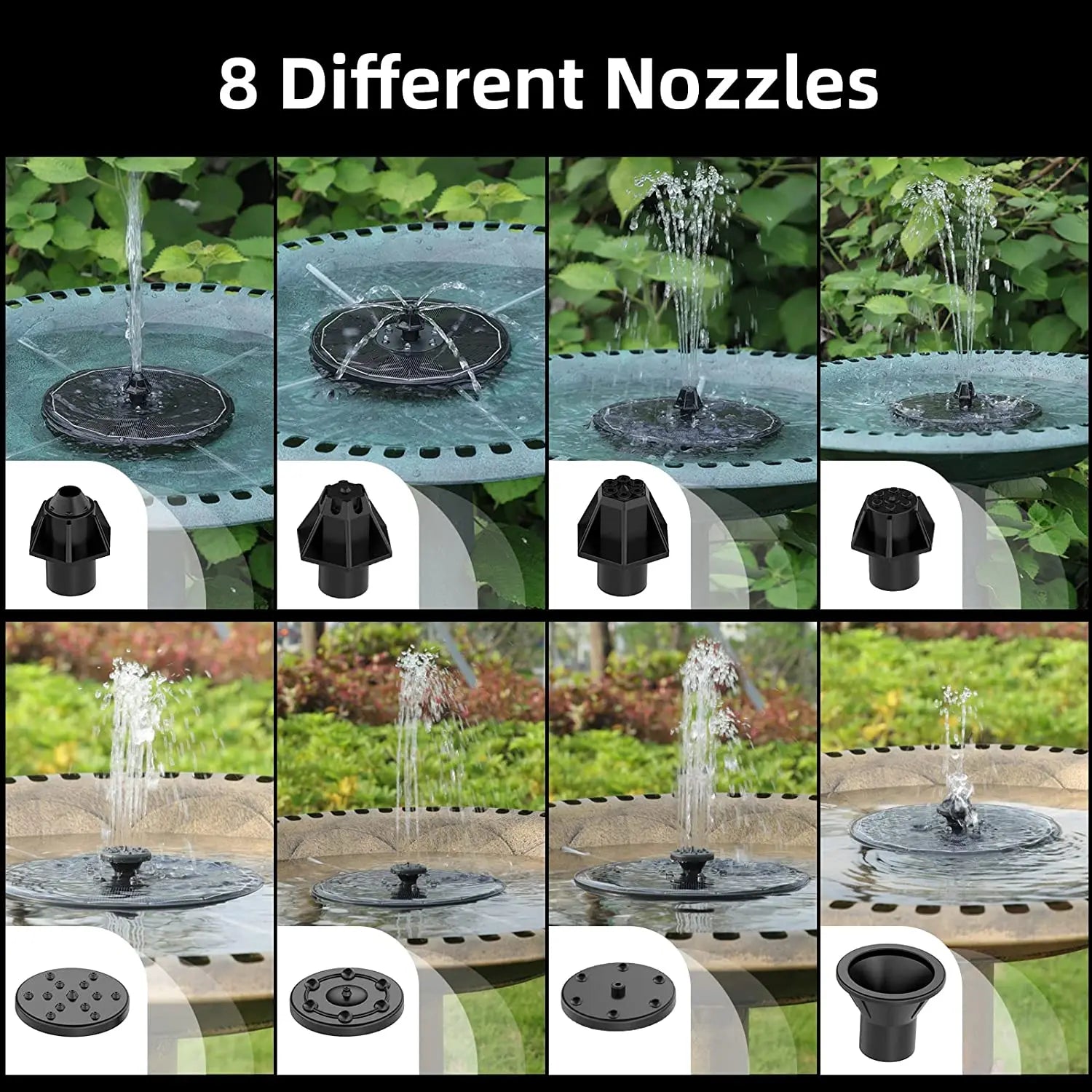 3W Solar Fountain, Solar-powered fountain lights up garden pond with 6 colorful LEDs.