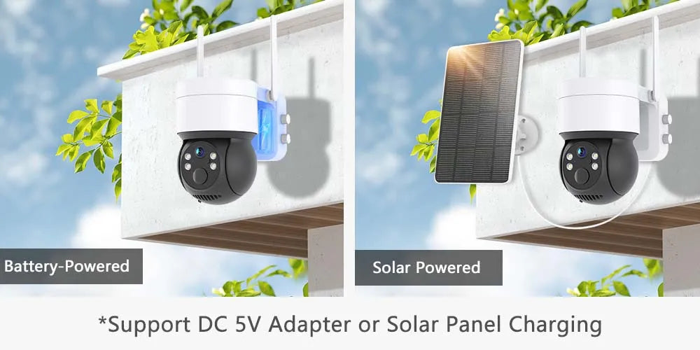 CHAMOUS 2.5K 4MP WiFi Wireless Outdoor IP Camera, Powered by battery or solar panel, with optional DC 5V adapter charging.