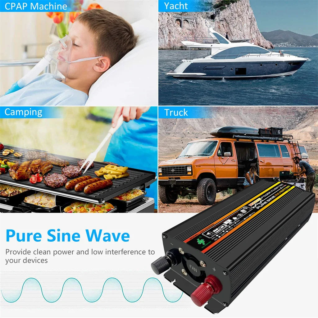 3000W/4000W Pure Sine Wave Inverter, Pure sine wave power for camping gear, CPAP machines, and trucks, providing reliable and interference-free performance.