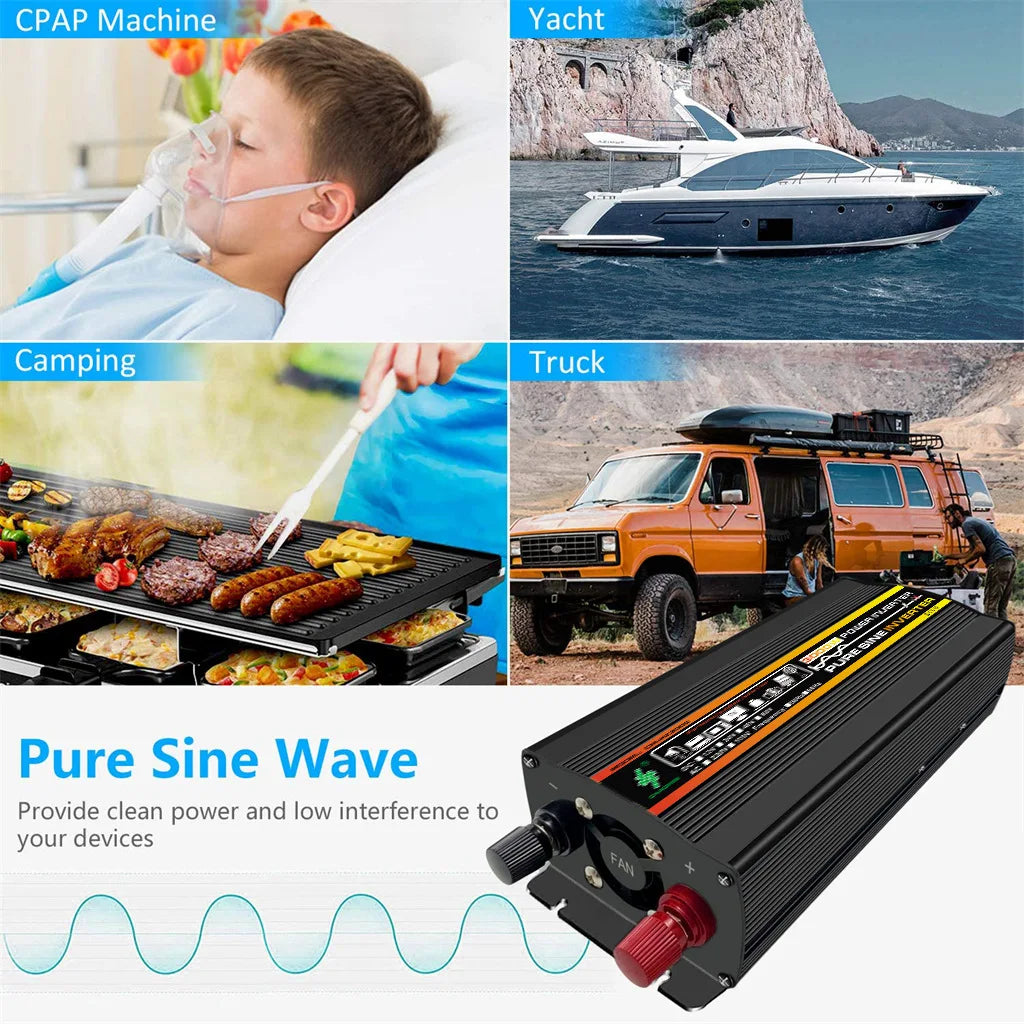 3000W/4000W Pure Sine Wave Inverter, Pure sine wave power for camping gear, CPAP machines, and trucks, providing reliable and interference-free performance.