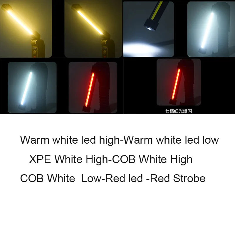15W 45LED Emergency Floodlight, Four adjustable lighting modes: warm white, white, and red strobe for various scenarios.