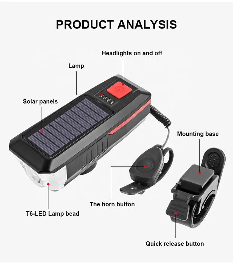 LY-17 Solar Bicycle Light, Adjustable solar-powered bike light with USB recharge, horn, and quick-release mount.