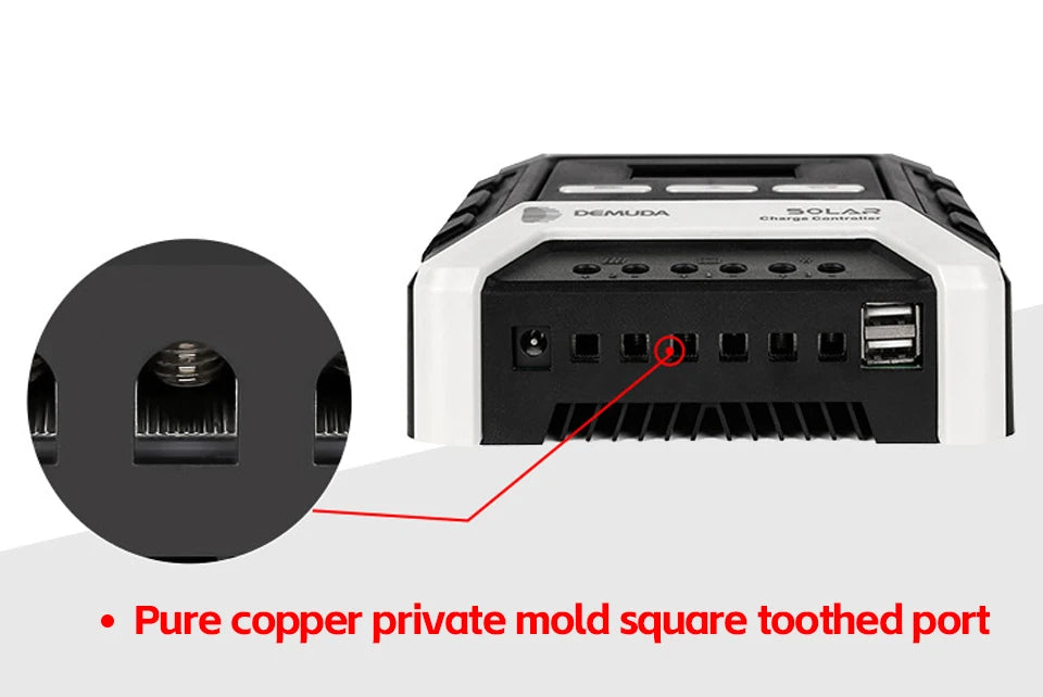 Auto MPPT solar charger with LCD display, USB ports, and adjustable voltage (12V-48V) for efficient energy conversion.