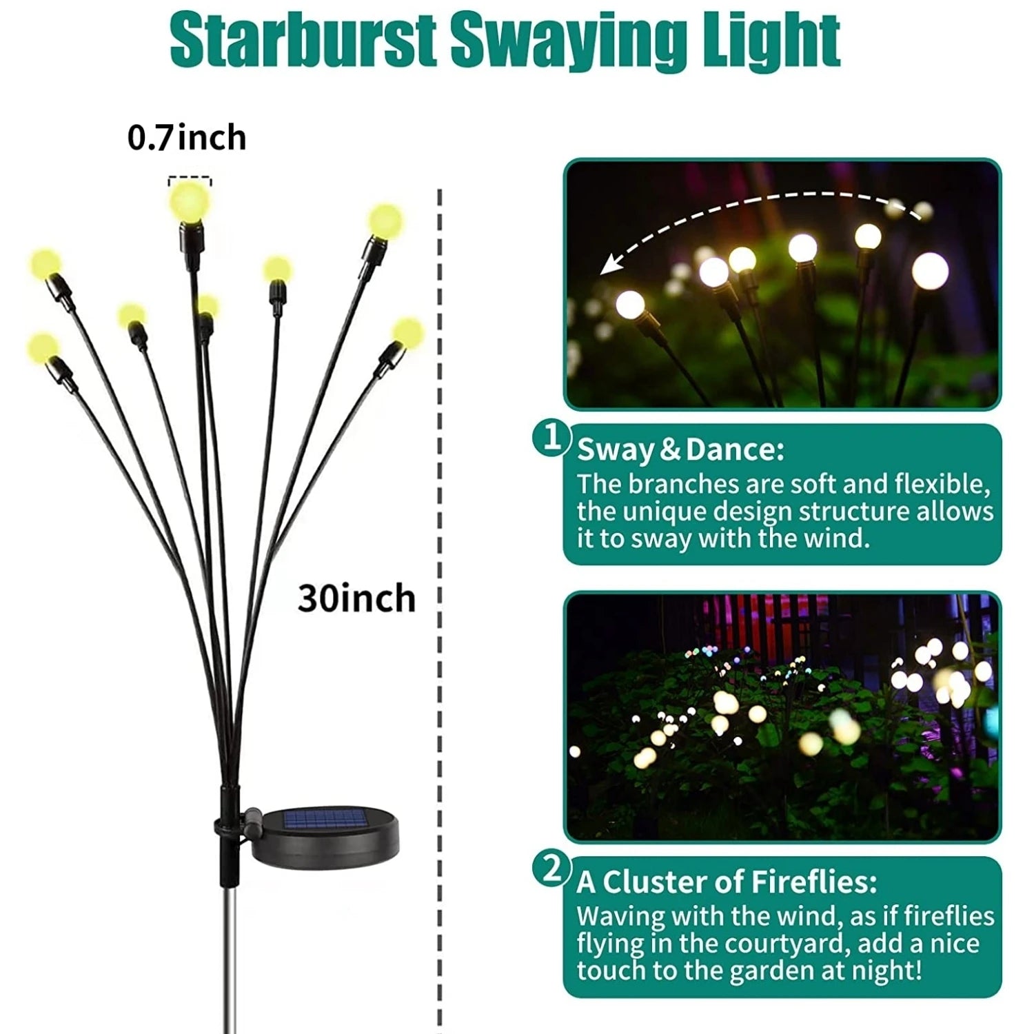 Solar LED Light, Whimsical solar-powered lantern with dancing branches and firefly lights creates a magical outdoor ambiance.