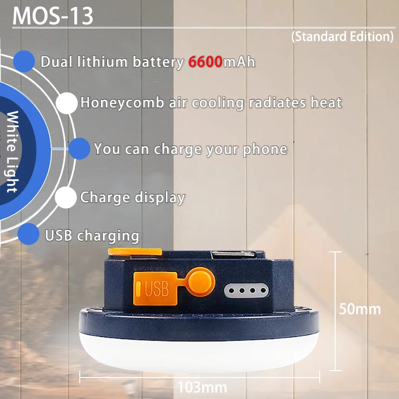 9900mAh LED Tent Light, Portable lantern with dual lithium batteries and USB charging port for phones and devices.
