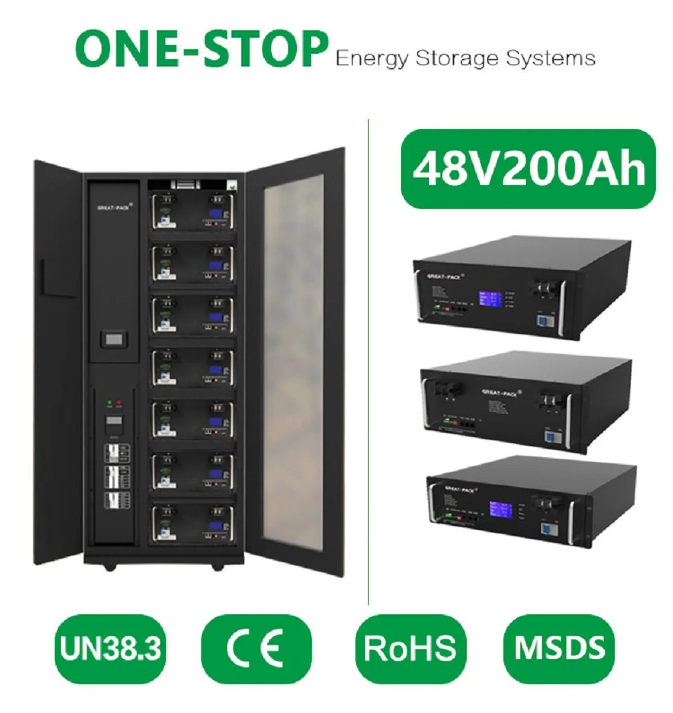 Integrated energy storage system with 48V/200Ah capacity, compliant with safety and environmental regulations.