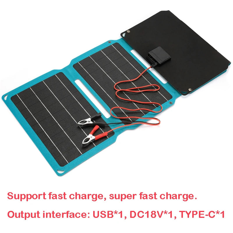 ETFE 18V 28W Foldable Solar Panel, High-speed charging options via USB, DC 18V, and Type-C ports for quick device power-ups.