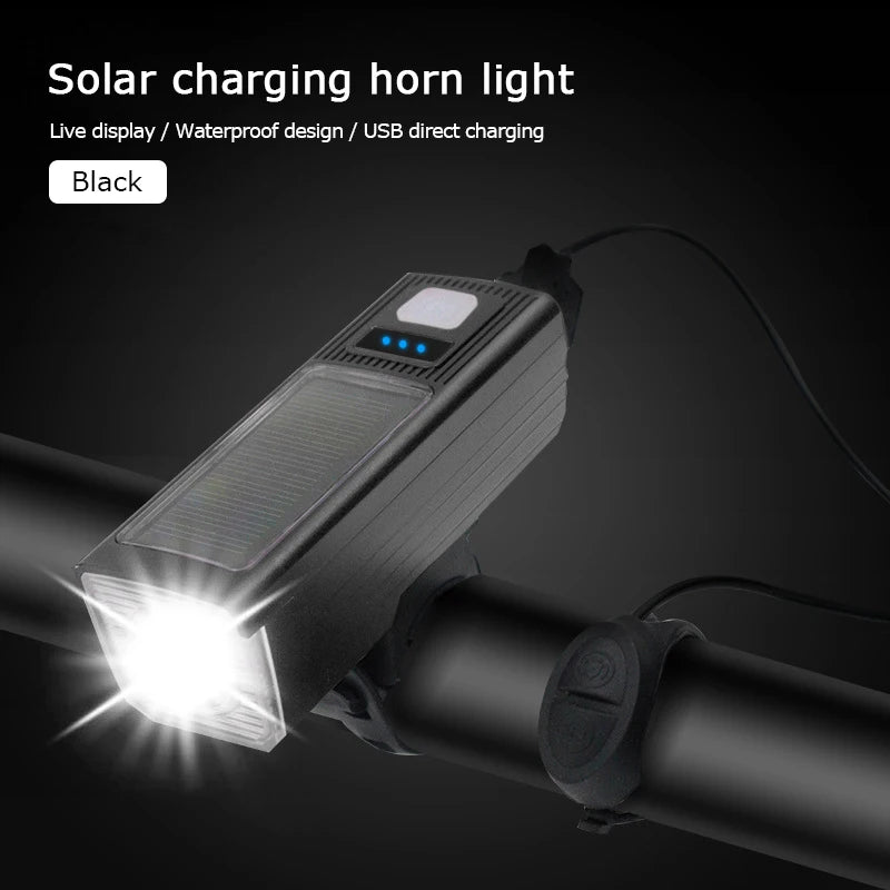 Solar Bike Light, Solar-powered bike light with waterproof design, USB charging, and live display for black bicycles.