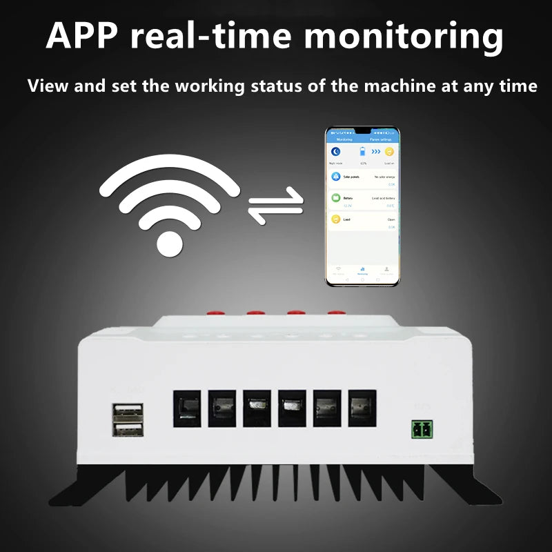 12V 24V 48V 40A 60A Solar Charge Controller, Real-time monitoring and remote adjustment of solar charge controller's settings through an app for smooth operation.
