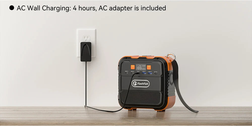 FF Flashfish A101, Charge via AC wall outlet in approximately 4 hours; includes AC adapter.