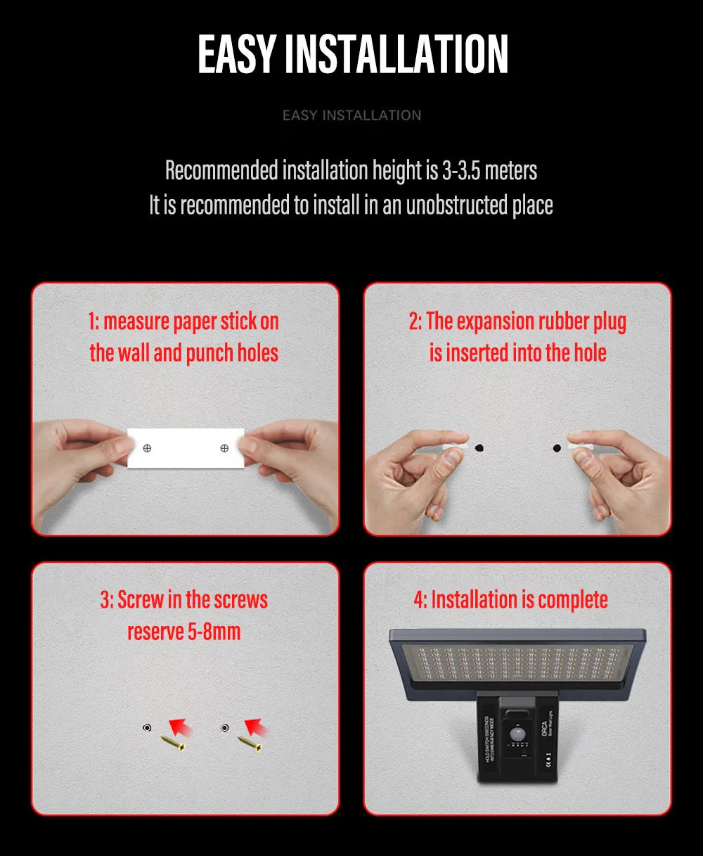 LED Outdoor Solar Wall Light, Install at 3-3.5m high; ensure clear space; measure, mark, and drill holes; insert plug; screw in place.