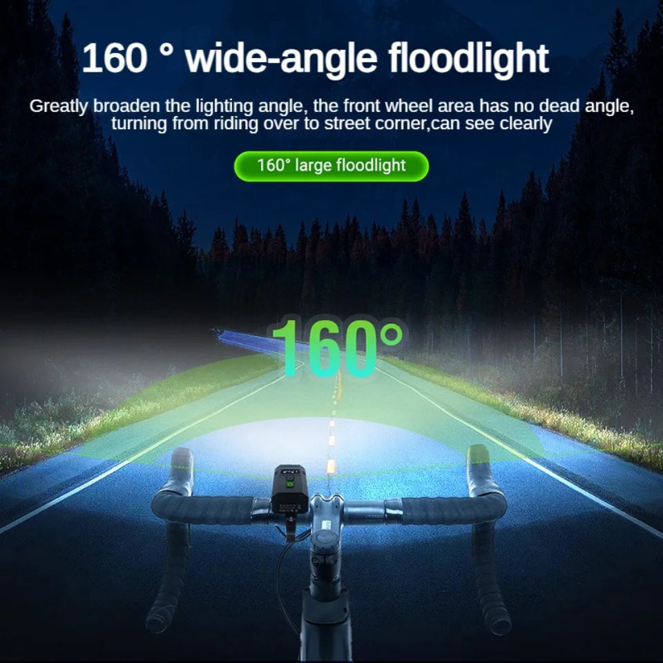 Super-wide floodlight with 160-degree angle provides excellent visibility and eliminates blind spots around the front wheel.