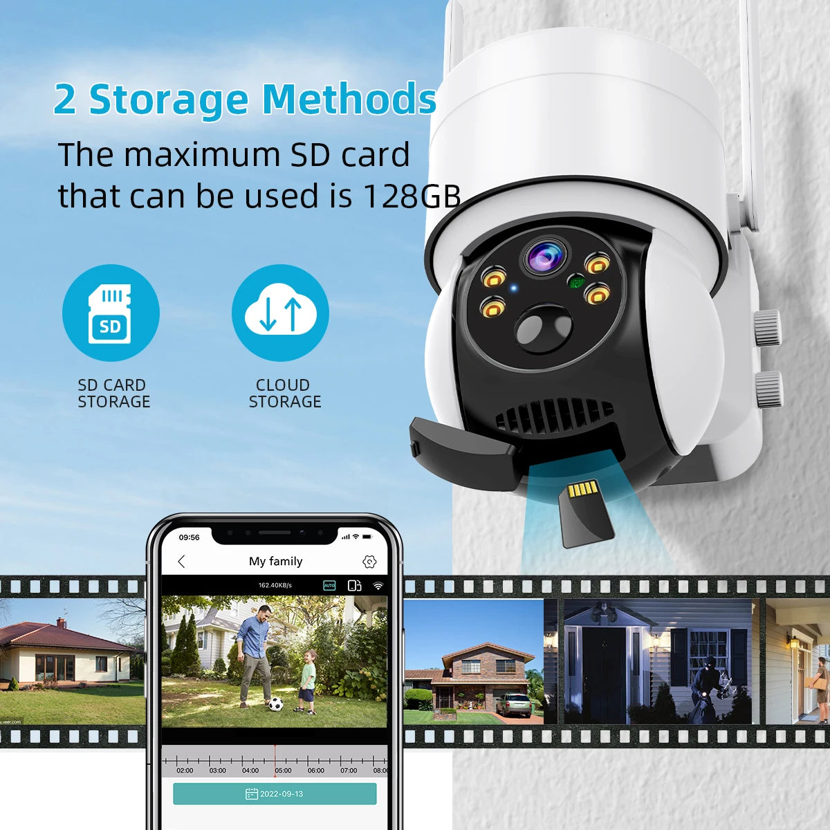 WiFi PTZ Camera, SD card or cloud storage options for storing video footage, ideal for easy sharing.