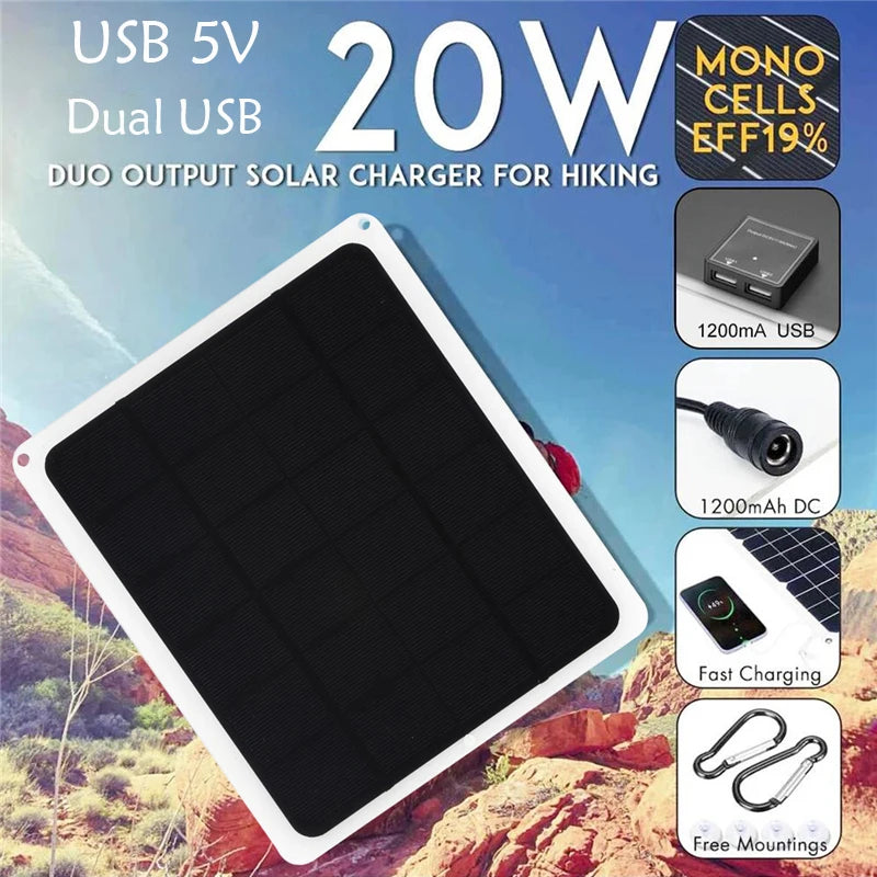 20W 5V Solar Panel, Waterproof solar charger with dual USB outputs for outdoor enthusiasts.