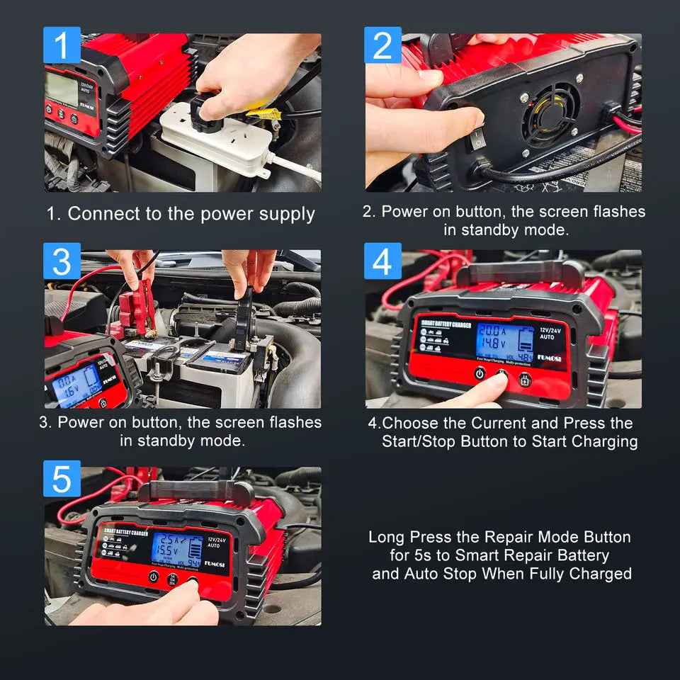 Jingyang 12V 100Ah 200Ah Lithium LiFePO4 Battery, Activate battery management system (BMS) with power-on button, then start charging and select repair mode for smart repair.