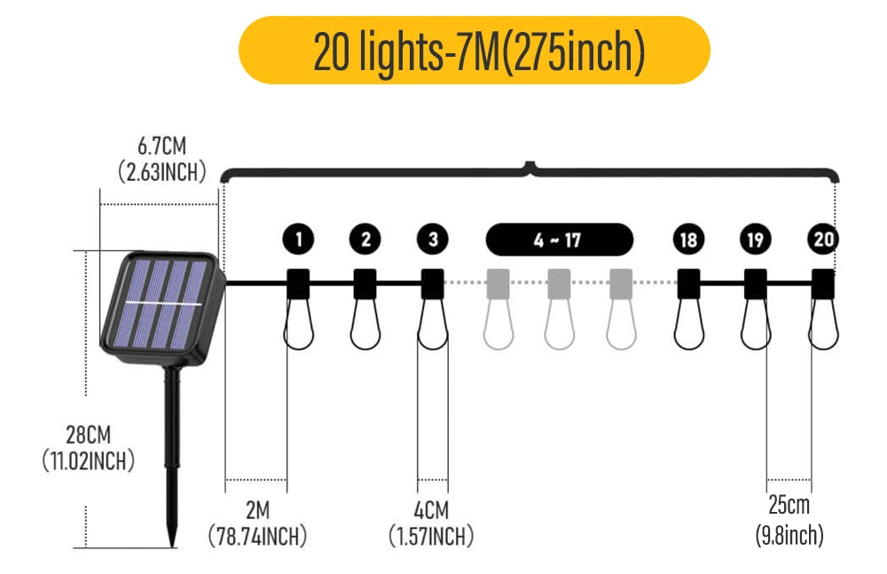 LED Solar String Light, Flexible installation for outdoor events; stake or clip solar panels anywhere.
