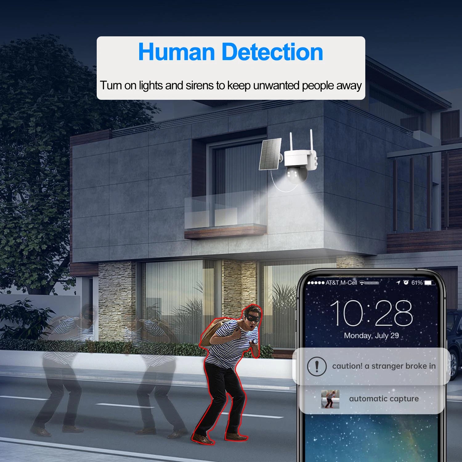 Solar Camera, Security system detects motion, triggering lights and sirens to deter intruders and capturing images with advanced PIR technology.