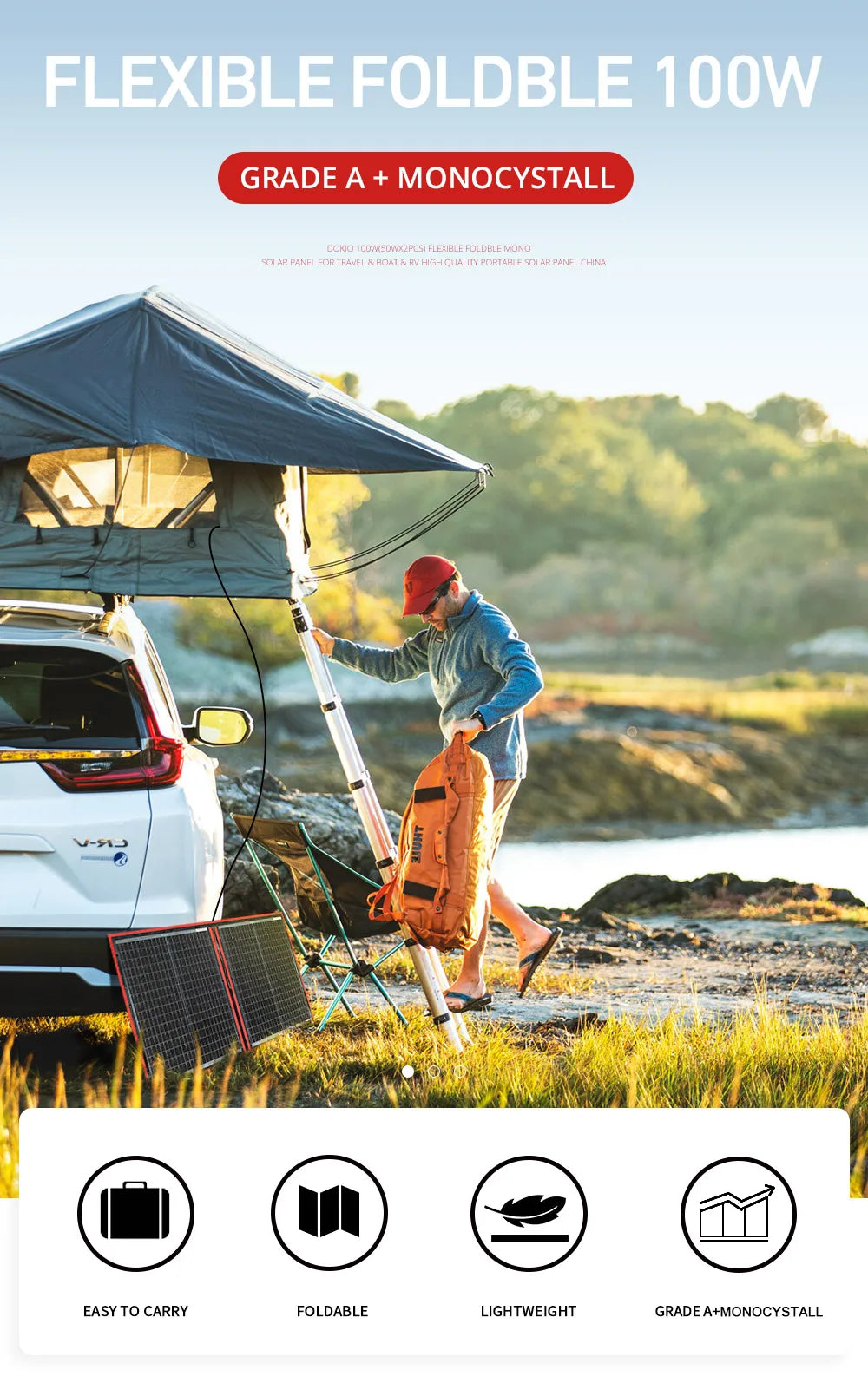 DOKIO 18V 100W 300W Portable Ffolding Solar Panel, DOKIO's portable solar panels: flexible, foldable, and high-quality for travel, RVs, or home use.