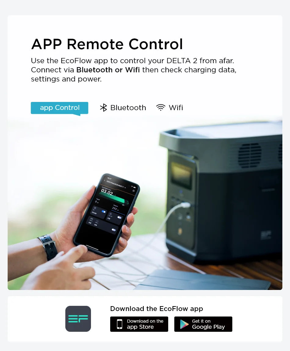 Control your DELTA 2 with the EcoFlow app through Bluetooth or Wi-Fi.