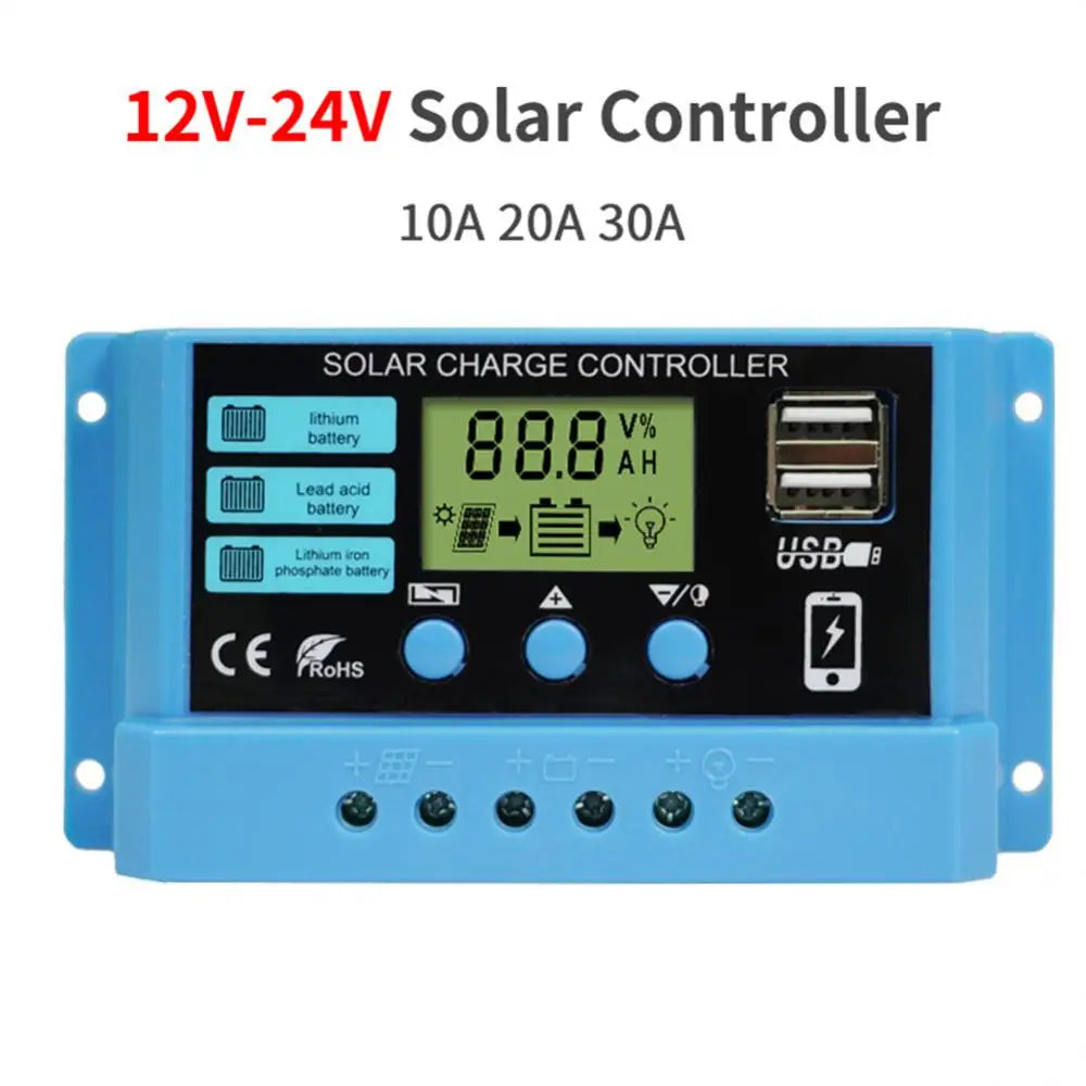 PWM 10A 20A 30A Solar Charge Controller, Solar charge controller with PWM output for charging various battery types, featuring LCD display and dual USB ports.