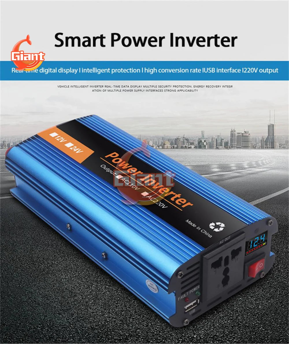 6000W Corrected Sine Wave Inverter, Compact power converter with giant display, multiple protections, high conversion rates, and USB interface.