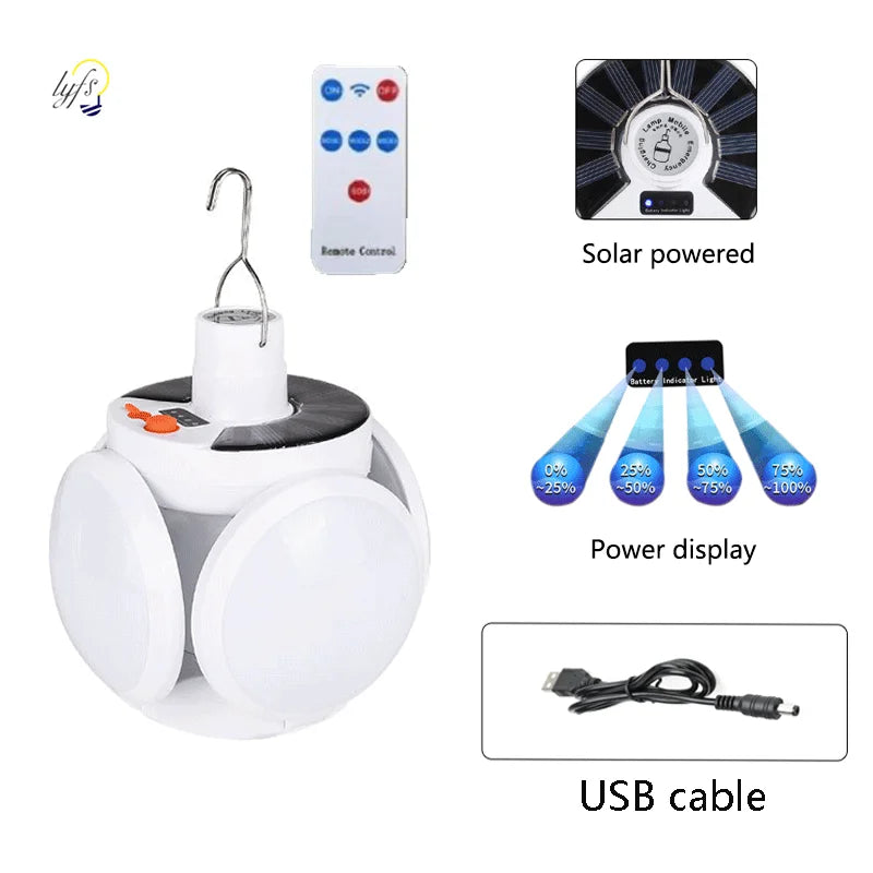 Solar Light, Solar-powered LED lamp with remote control, USB charging, and SOS mode.